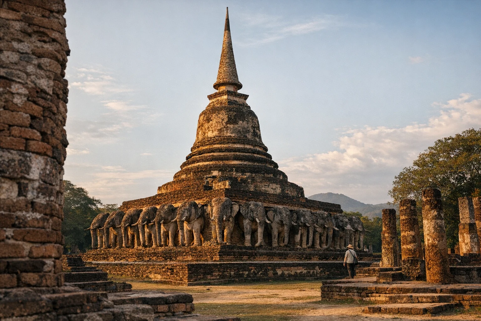 Wat Chang Lom in Sukhothai, Thailand, with its elephant-adorned chedi and ancient brick ruins