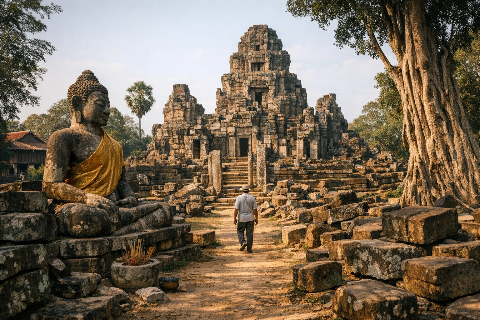 Ancient ruins and modern Buddha statue at Wat Ek Phnom in Battambang, Cambodia