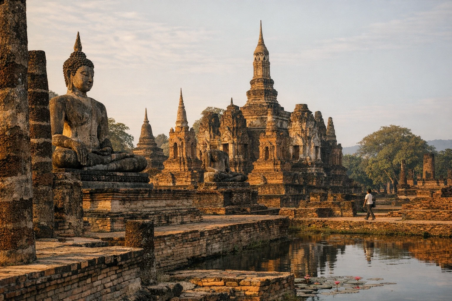 Historic temple ruins of Wat Mahathat in Sukhothai, Thailand, surrounded by lotus ponds and ancient stupas.