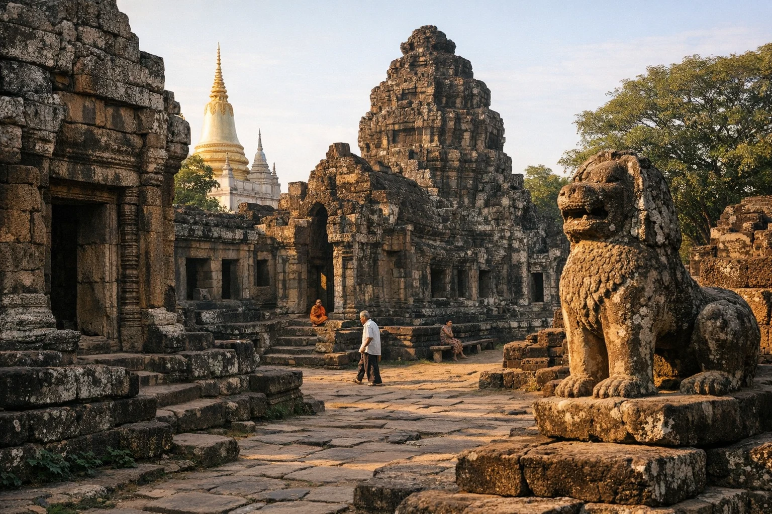 Ancient sandstone towers and monastery buildings at Wat Nokor in Kampong Cham, Cambodia