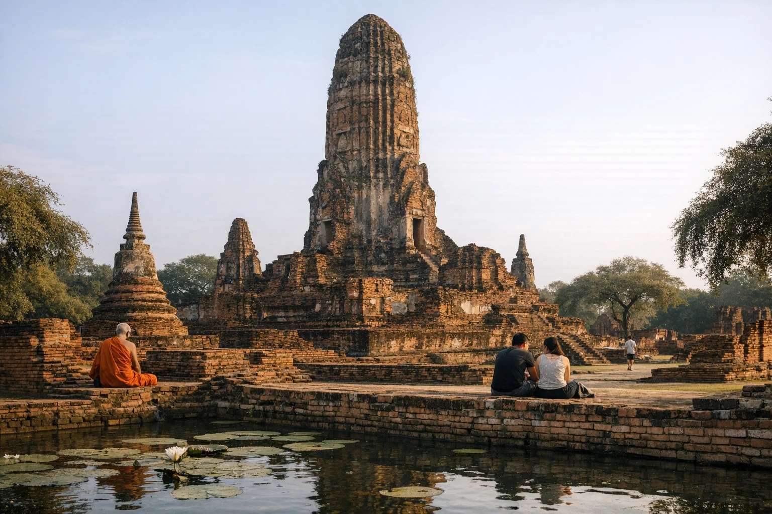 A view of the ancient ruins and towering prang of Wat Phra Ram in Ayutthaya, Thailand