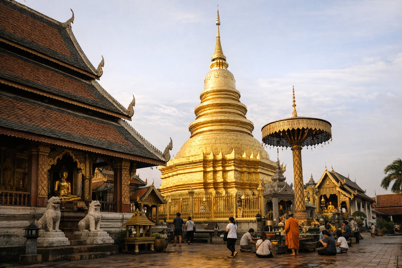 Golden stupa of Wat Phra That Hariphunchai, a historic temple in Lamphun, Thailand, against a blue sky