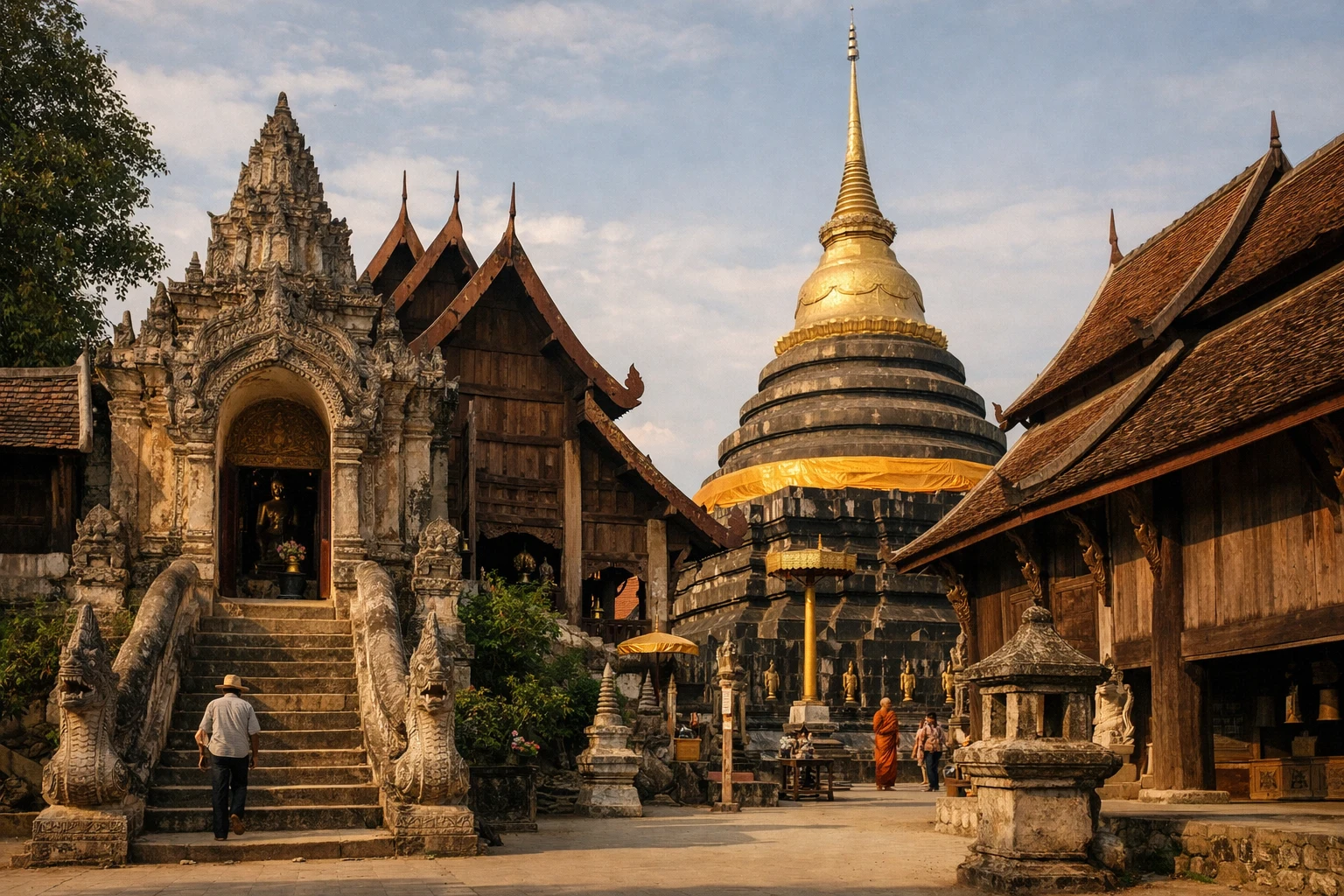 Golden chedi and historic wooden halls at Wat Phra That Lampang Luang in Thailand