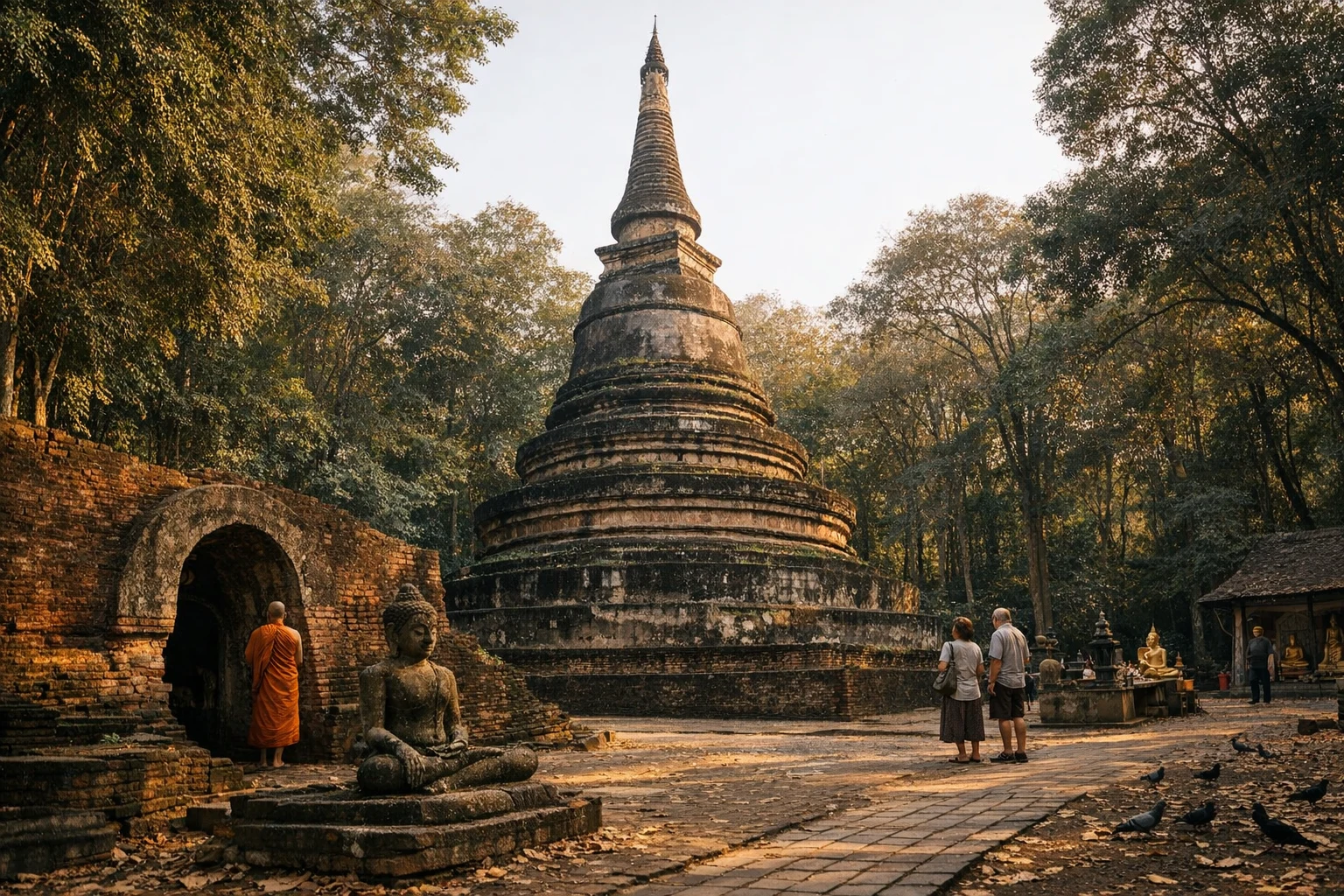 Ancient brick tunnel and forested grounds at Wat Umong in Chiang Mai, Thailand