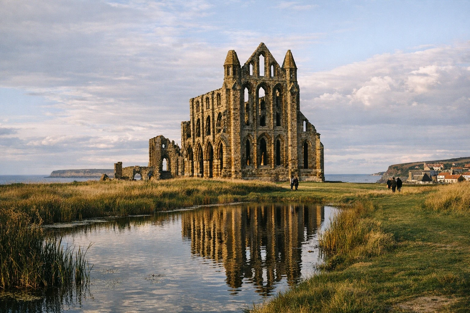 The striking Gothic ruins of Whitby Abbey in North Yorkshire, United Kingdom, overlooking the North Sea