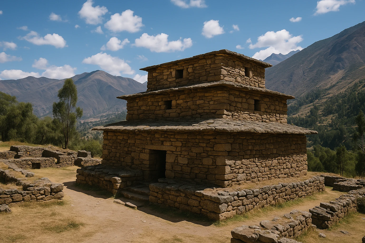 Stone funerary tower at Wilkawain archaeological site near Huaraz, Peru