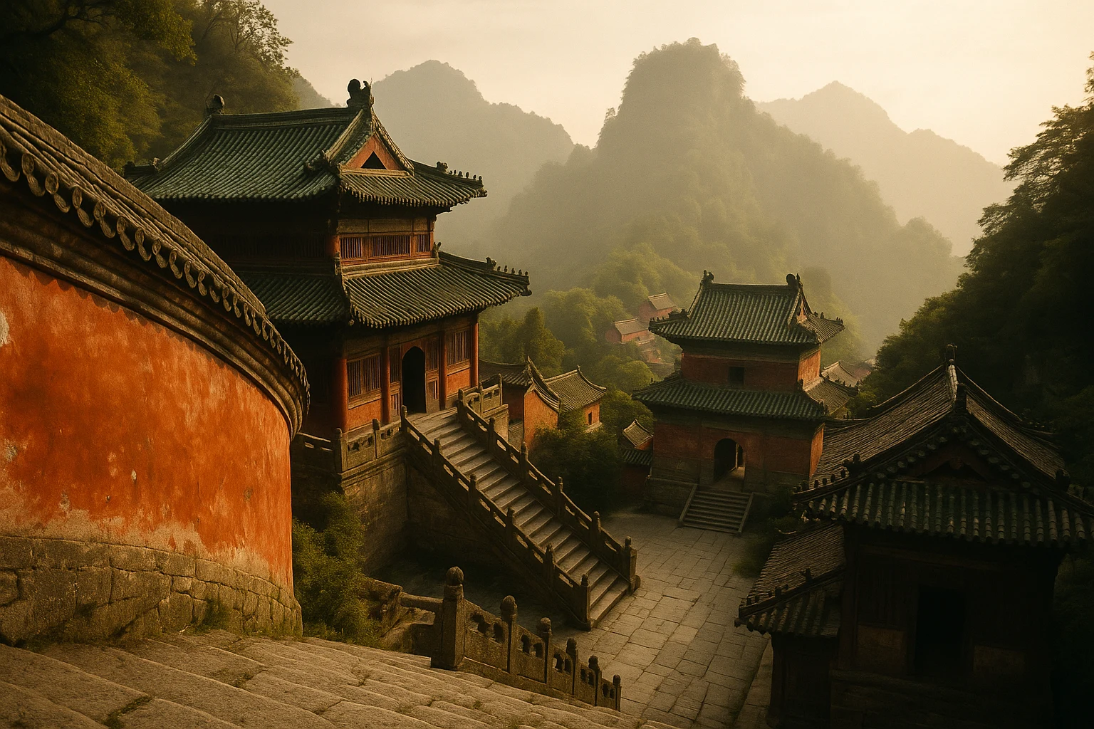 Ancient Taoist temples with golden roofs emerging from misty forested peaks of Wudang Mountains in Hubei, China