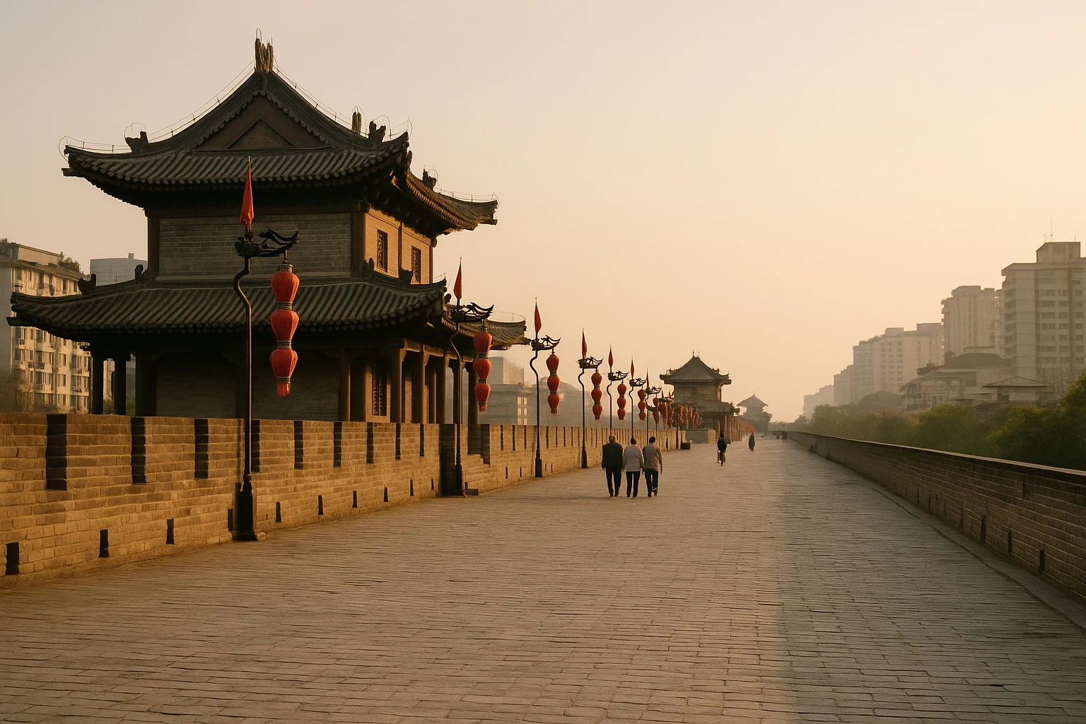 Xian City Wall at dusk with illuminated Ming Dynasty watchtowers rising above the moat, Xi'an, China