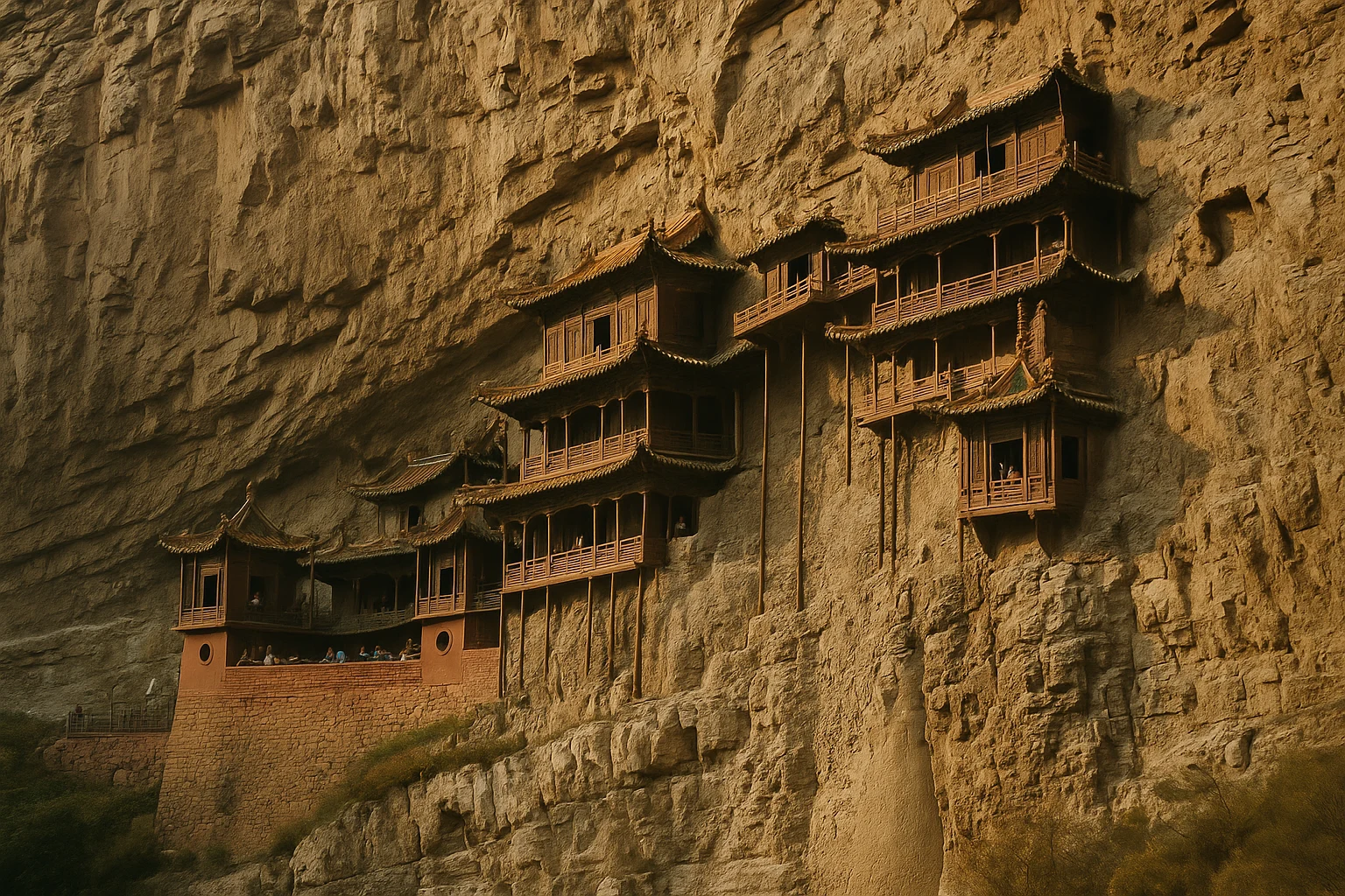 Xuankong Temple clinging to the cliffside of Mount Heng in Shanxi Province, China, with wooden pavilions stacked above a gorge