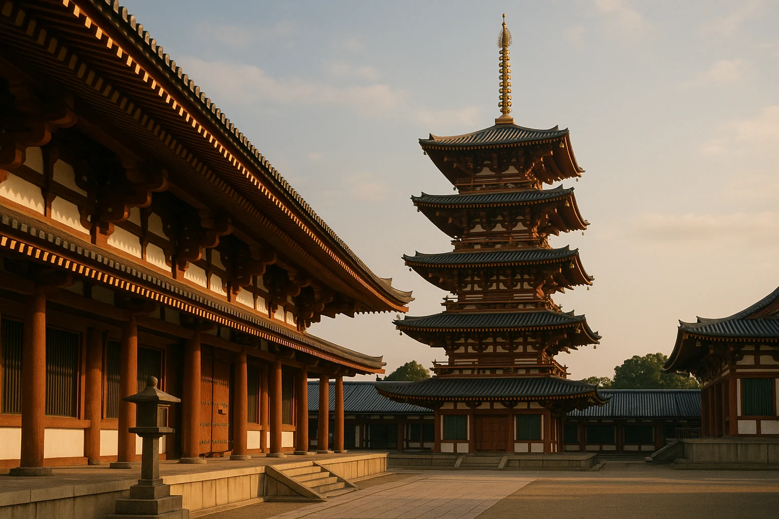 The ancient East Pagoda of Yakushiji Temple rising above the temple grounds in Nara, Japan