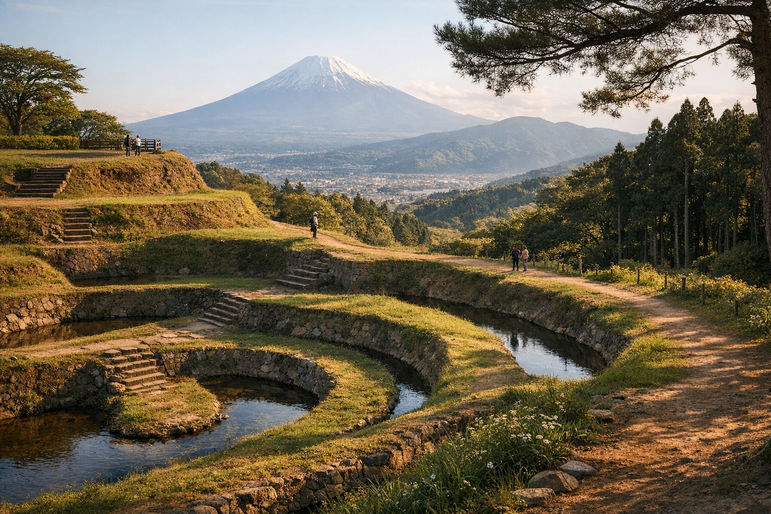 Panoramic view of Yamanaka Castle Ruins with lush greenery and Mount Fuji in the background, Japan