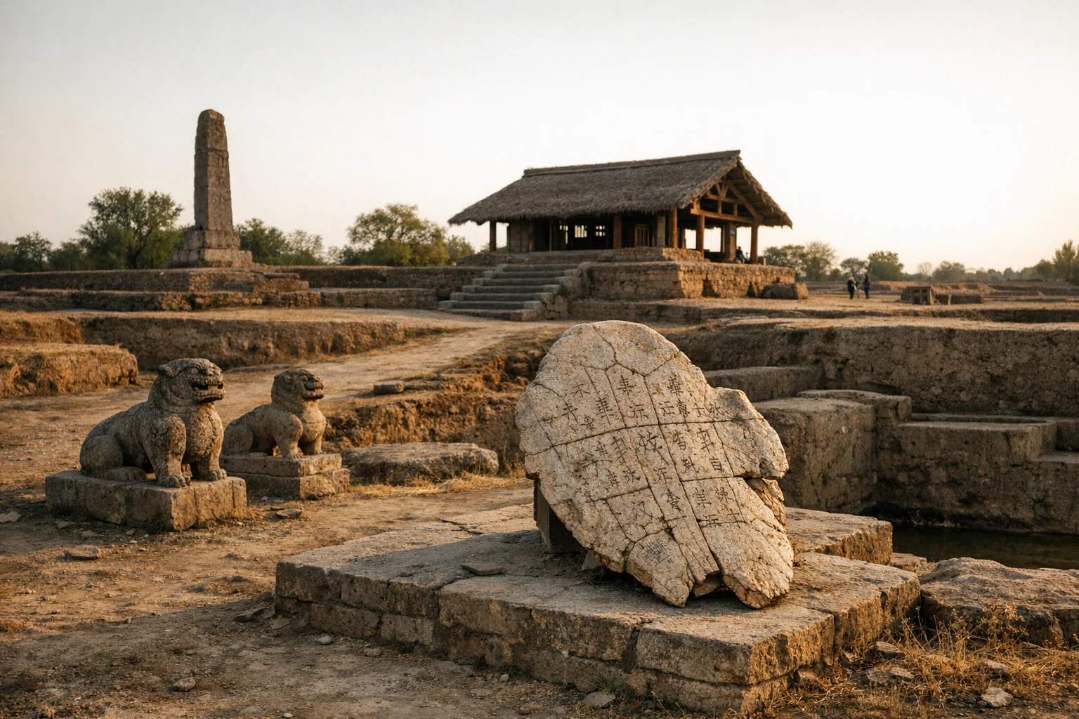 Archaeological remains and reconstructed halls at the Yinxu Ruins in China