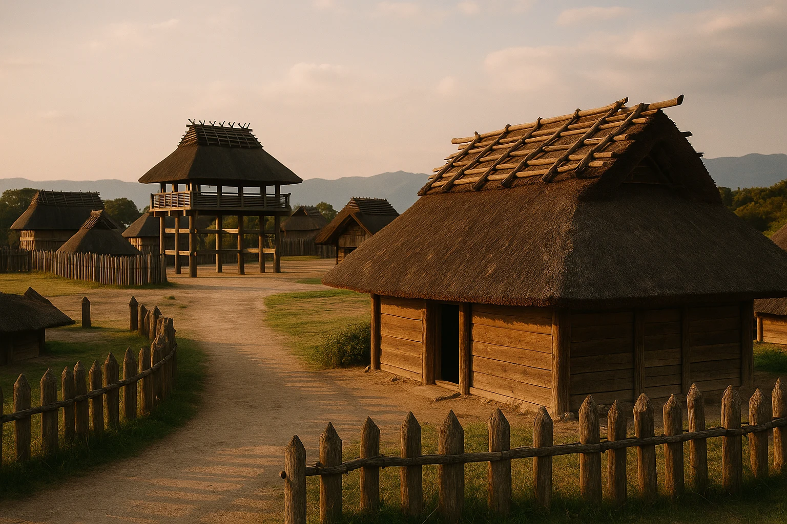 Reconstructed Yayoi period watchtowers and thatched buildings at Yoshinogari Historical Park in Saga Prefecture, Japan