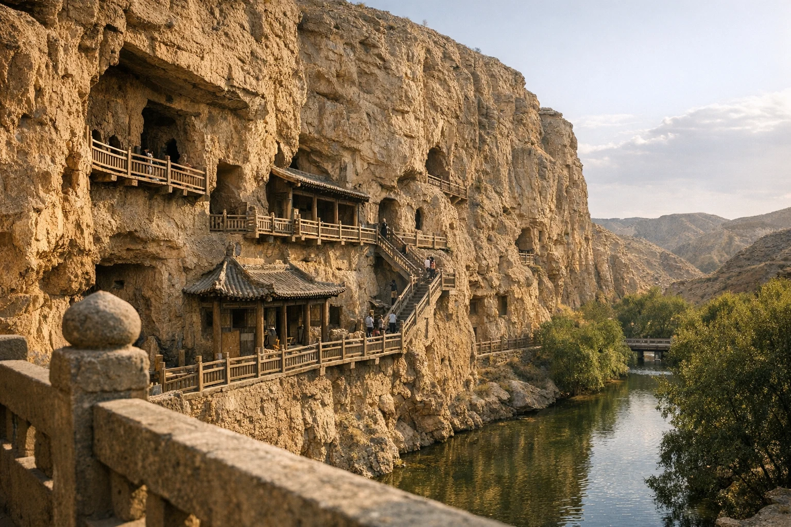 Cliffside Buddhist cave temples at Yulin Grottoes in Gansu Province, China