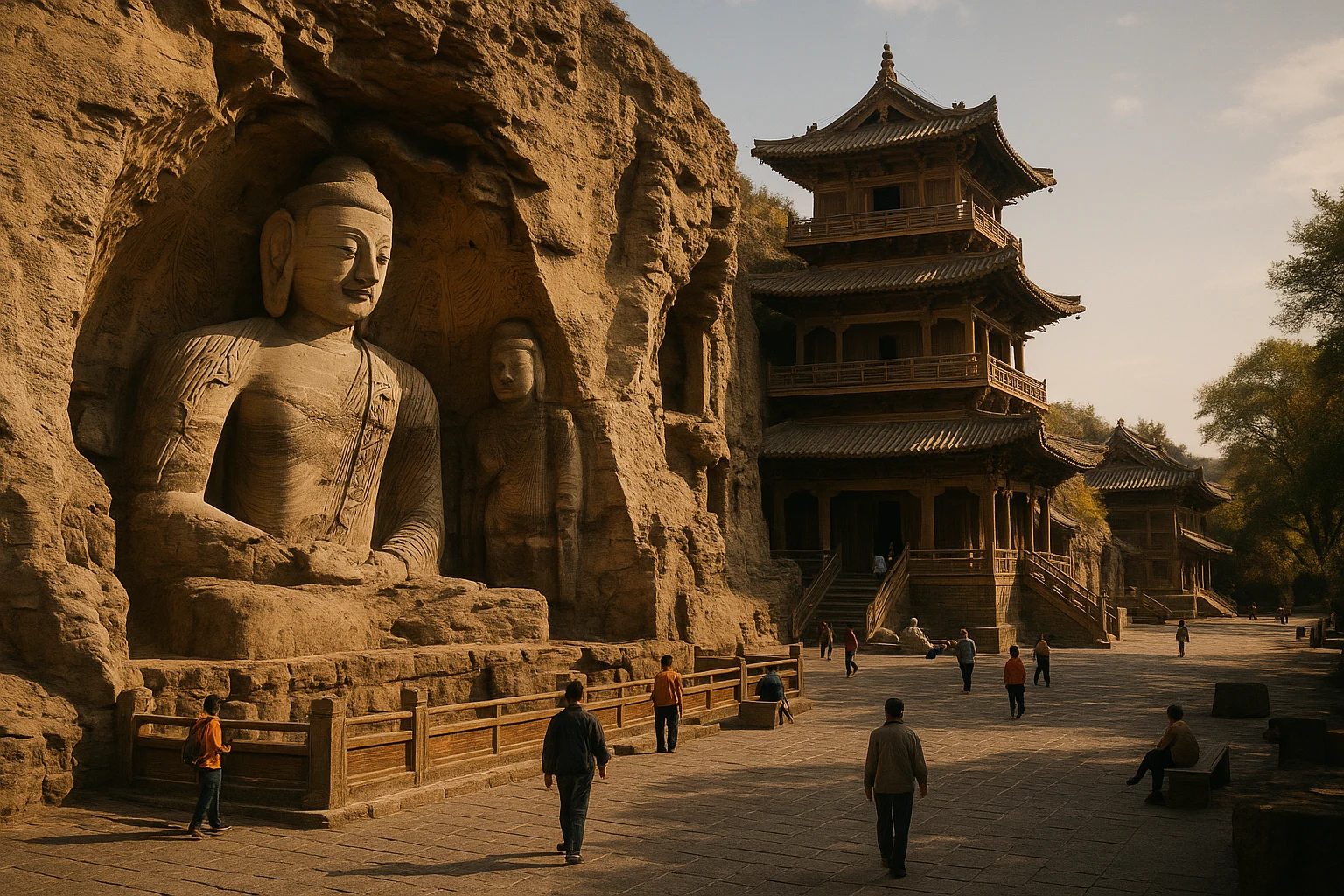 Massive Buddha statues and ornate carvings covering the sandstone cliff face of Yungang Grottoes, Datong, China