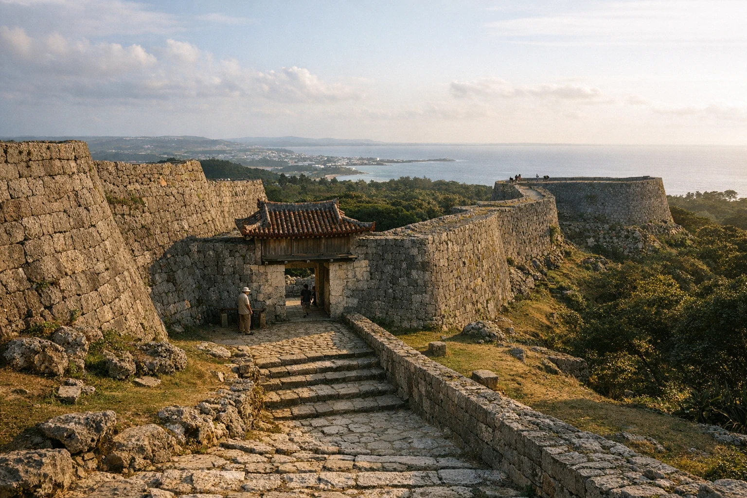 Stone walls of Zakimi Castle Ruins in Okinawa, Japan under a blue sky