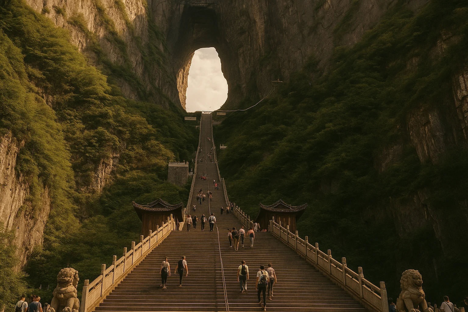 Tianmen Cave natural arch on Tianmen Mountain in Zhangjiajie, China, framing a glimpse of blue sky through sheer karst cliffs