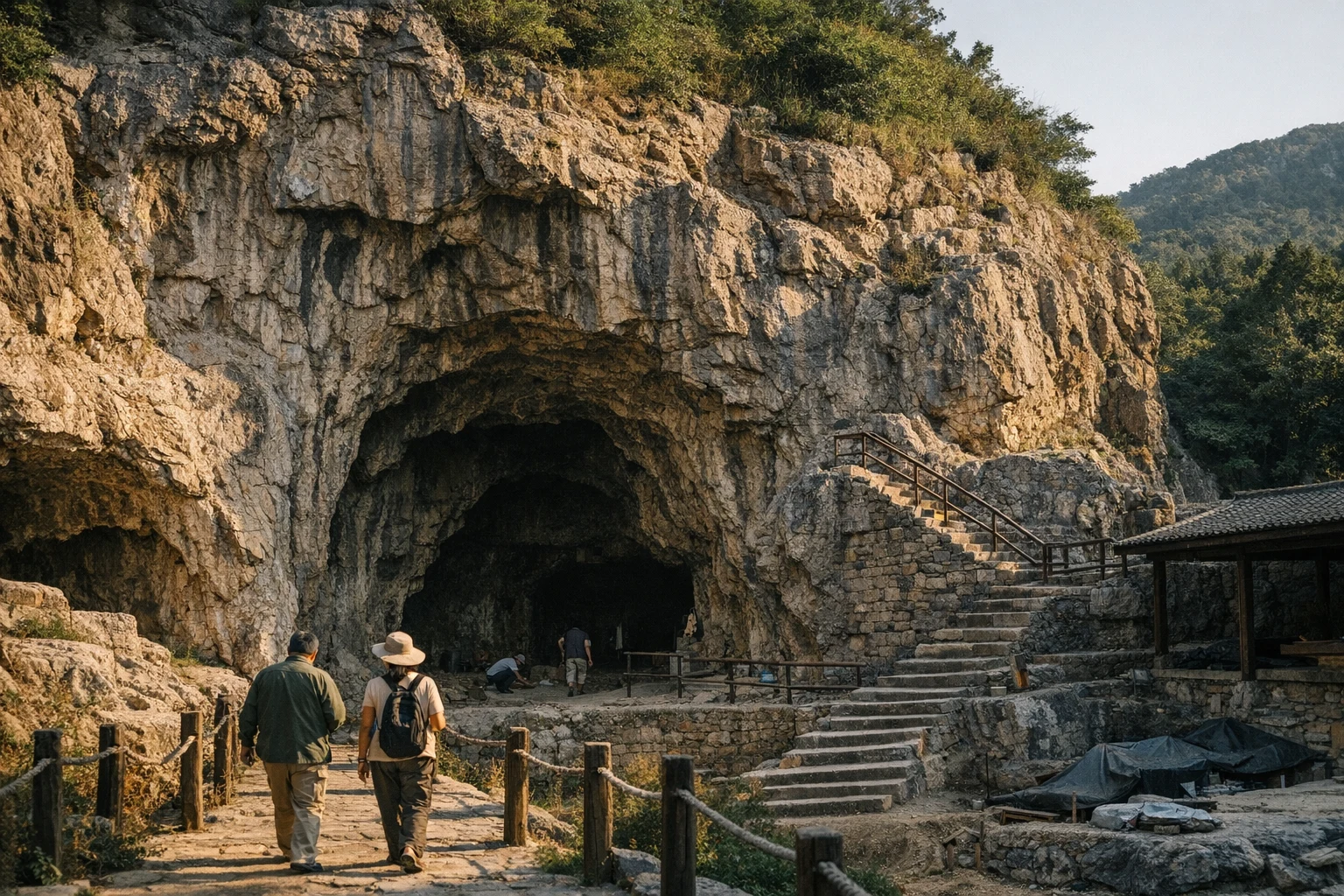Excavated cave site and hillside at Zhoukoudian Caves near Beijing in China